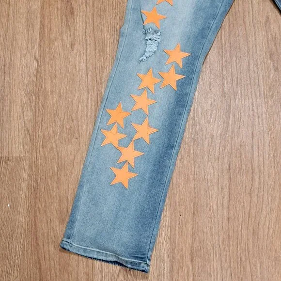 DD2 Faux Leather Orange Applique Star Distressed Denim Men's Size 30 - Picture 2 of 10
